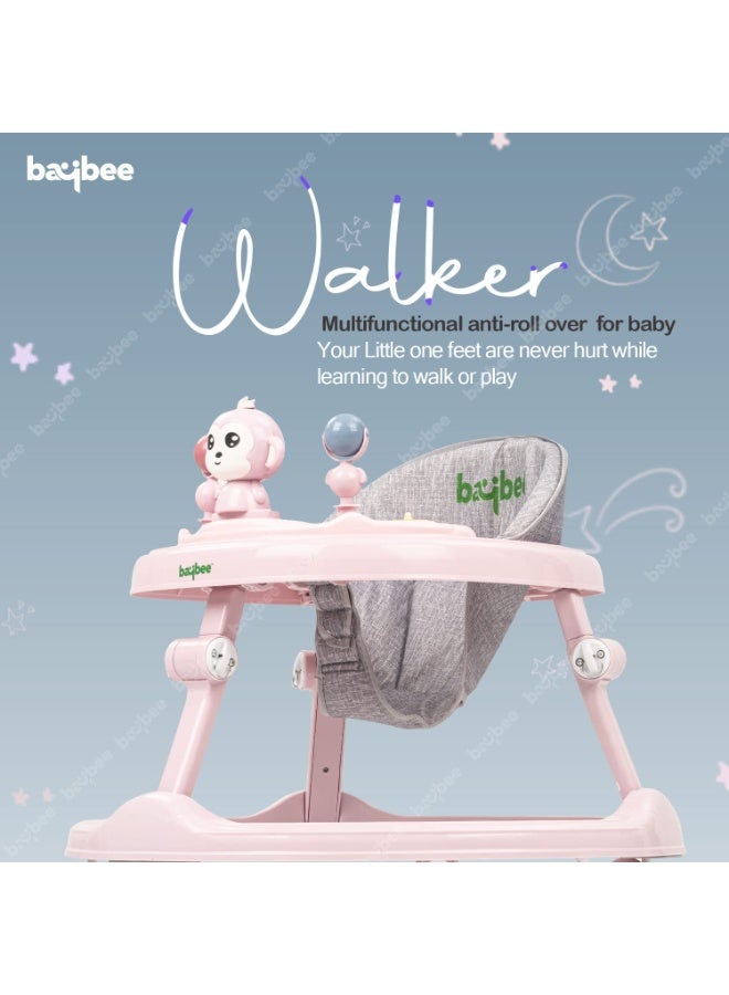 Baybee Drono Baby Walker for Kids with 4-Level Height Adjustment, Foldable Design, Food Tray & Musical Toy Bar | Round Activity Walker for Babies 6–18 Months (Pink) - Image 2